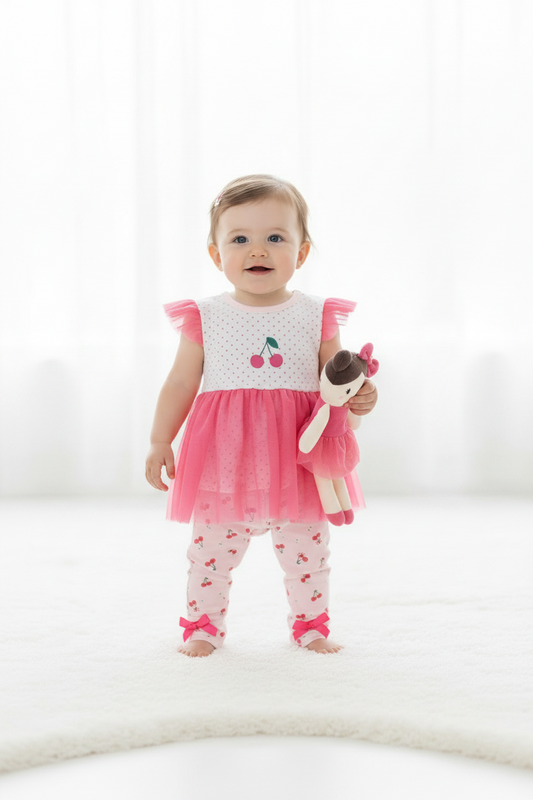 Set conjunto 2 piezas bebe niña mameluco tutu rosado leggins peluche apego Tinytots DA3267-ASTTT cerezas