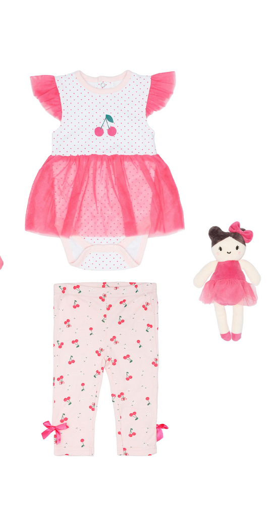 Set conjunto 2 piezas bebe niña mameluco tutu rosado leggins peluche apego Tinytots DA3267-ASTTT cerezas