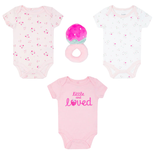 Set 3 piezas mamelucos cerezas rosado peluche apego bebe niña DA332-PK