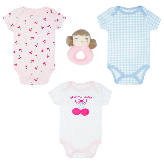 Set 3 piezas mamelucos cerezas blanco azul peluche apego bebe niña DA333-PK