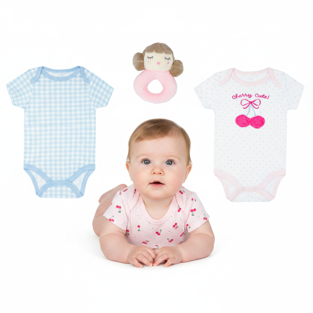 Set 3 piezas mamelucos cerezas blanco azul peluche apego bebe niña DA333-PK