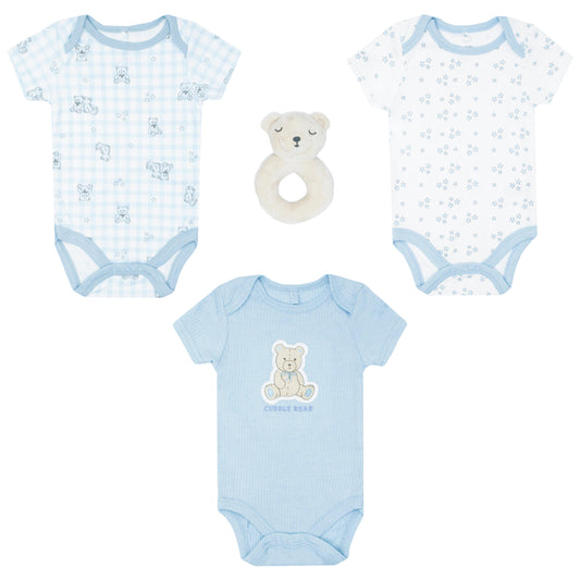 Set 3 mamelucos bebe niño oso peluche apego blanco azul Tinytots DA347-BL
