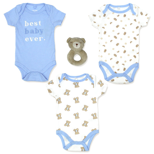 Set 3 mamelucos bebe niño oso peluche apego blanco azul Tinytots DA349-BL