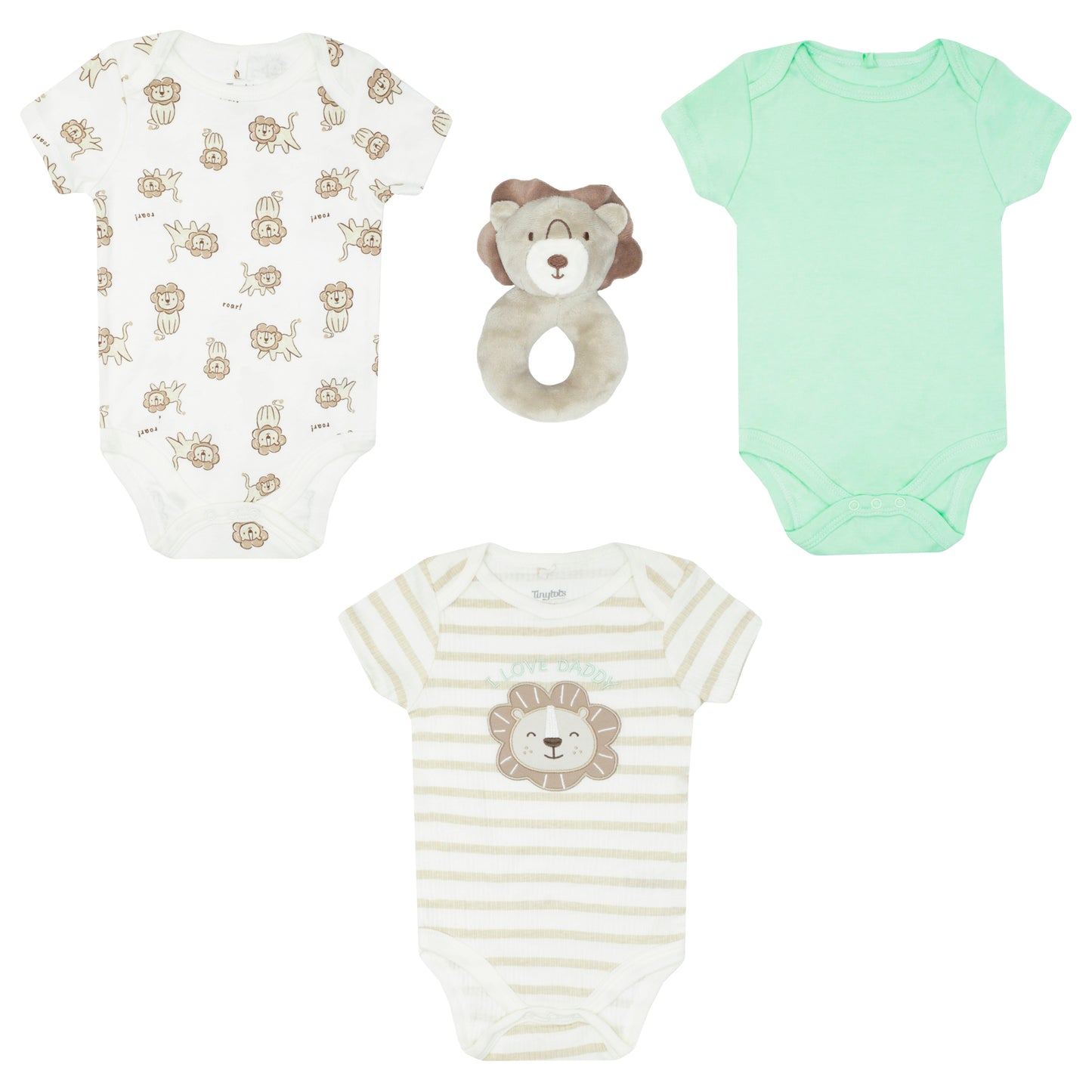 Set 3 mamelucos bebe niño león peluche apego blanco verde Tinytots DA352-TP