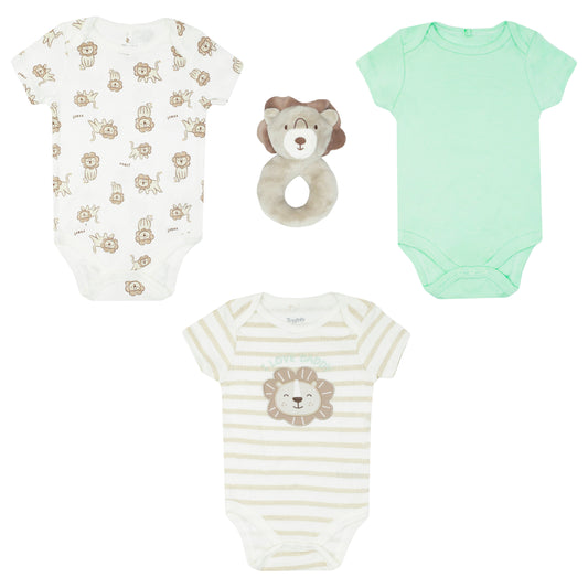 Set 3 mamelucos bebe niño león peluche apego blanco verde Tinytots DA352-TP