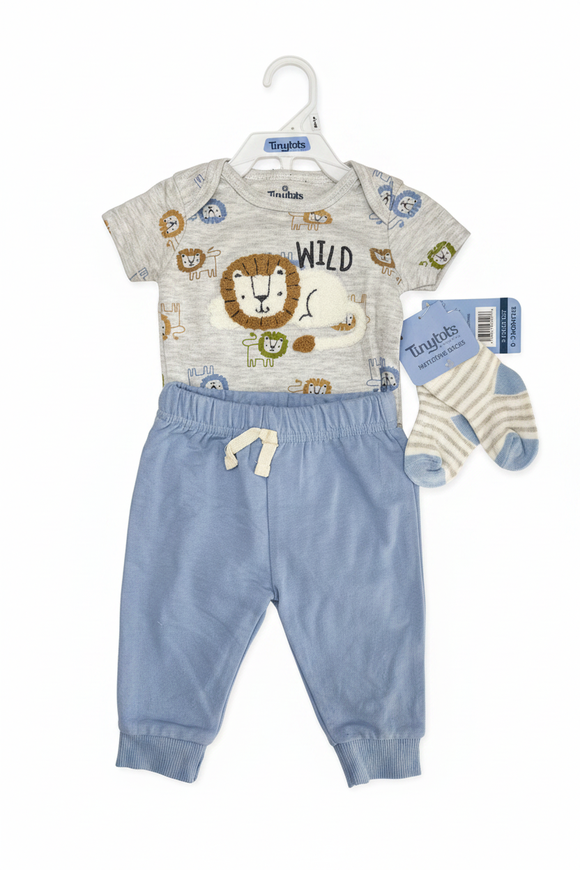 Set 3 piezas mameluco leon pantalon azul calcetines bebe niño Tinytots B148J102GB