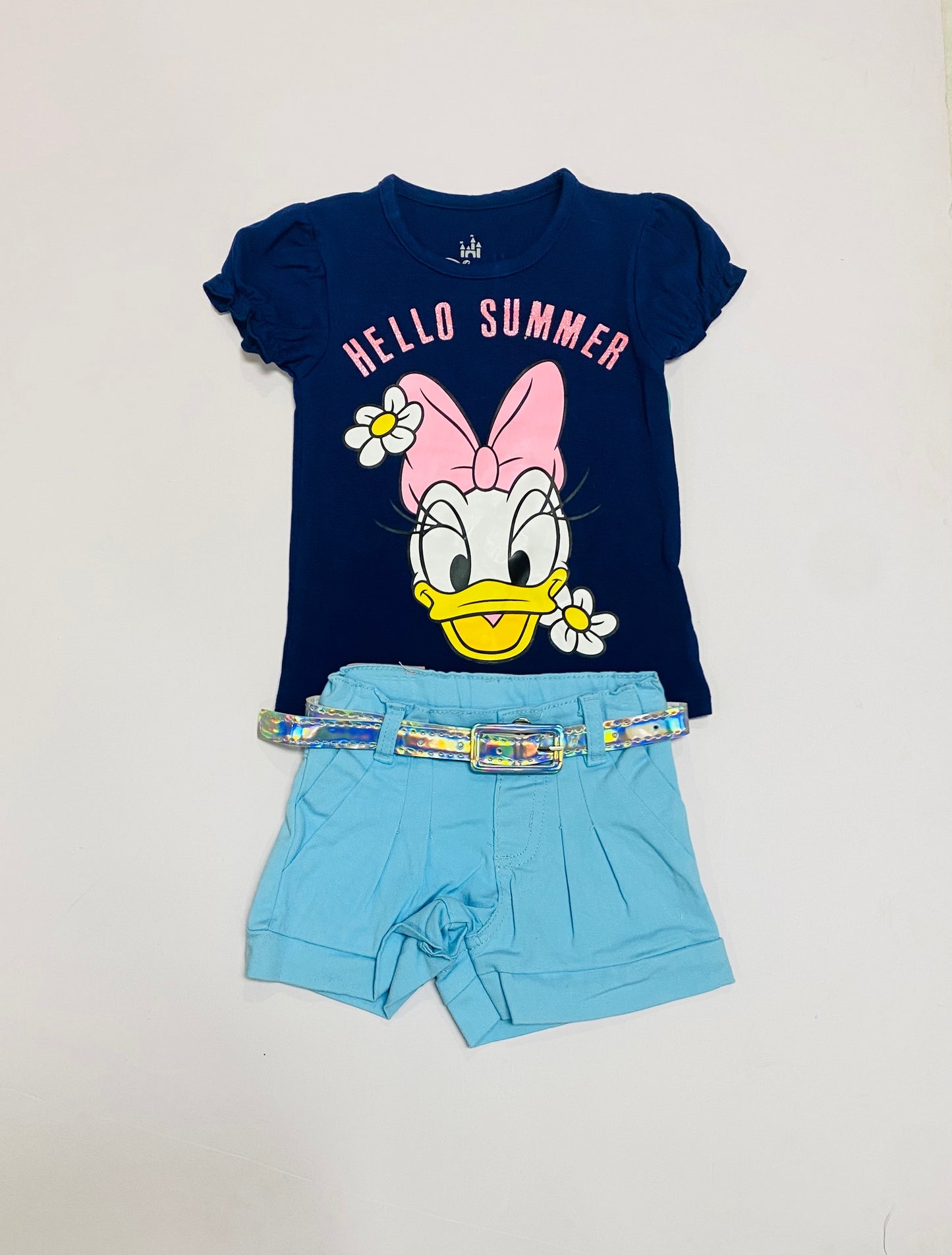 Set conjunto 2 piezas niña camisa azul oscuro short azul cielo Pata Daisy Disney D9-MI-1264B