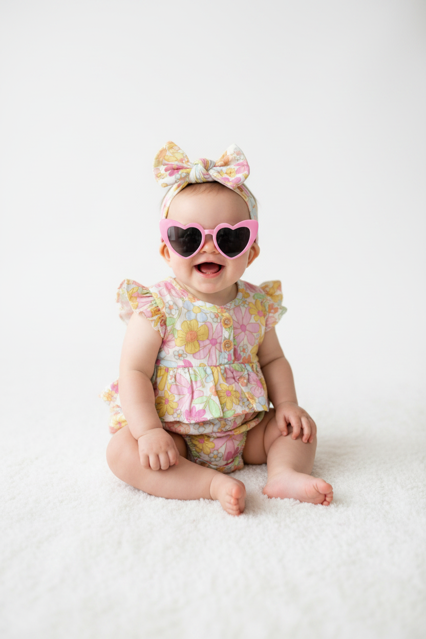 Set 3 piezas mameluco floreado bincha lentes corazón bebe niña Tinytots AP16046