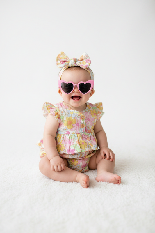 Set 3 piezas mameluco floreado bincha lentes corazón bebe niña Tinytots AP16046