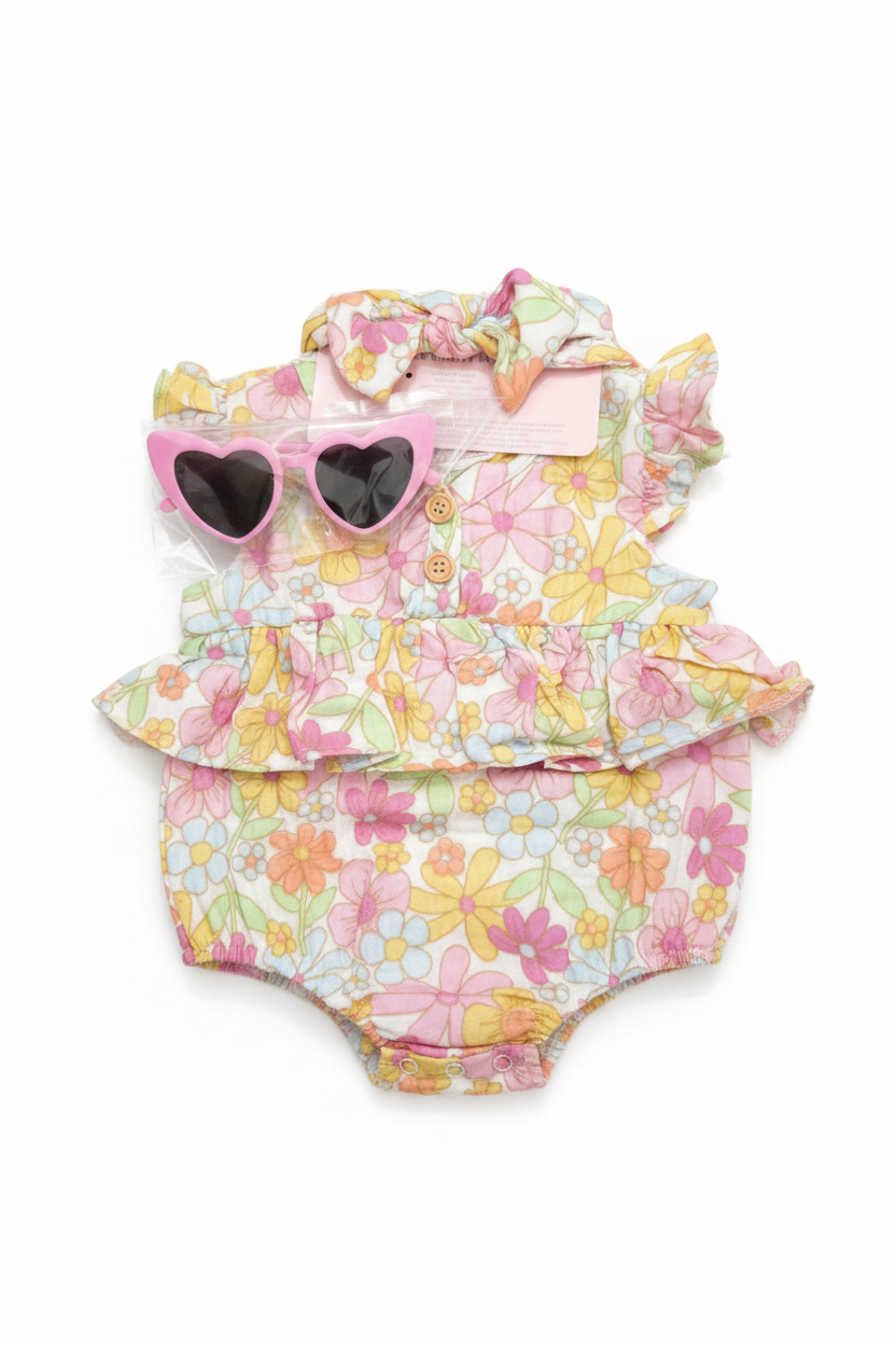 Set 3 piezas mameluco floreado bincha lentes corazón bebe niña Tinytots AP16046