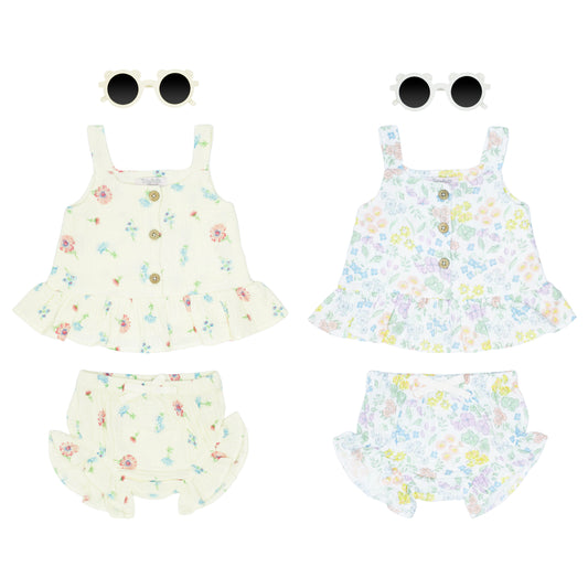 Set 3 piezas camisa short lentes blanco azul floreado bebe niña E013J501GB