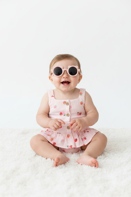 Set 3 piezas camisa short lentes blanco rosado cereza bebe niña E013J503GB