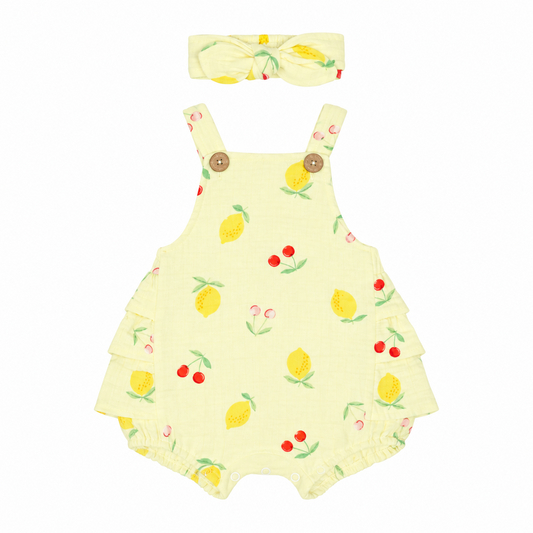 Set conjunto 2 piezas romper overall diadema cereza limones amarillo bebe niña E131J203GB