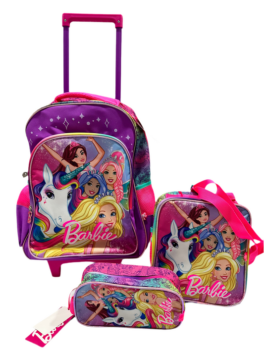 Mochila barbie con ruedas, Lonchera y cartuchera