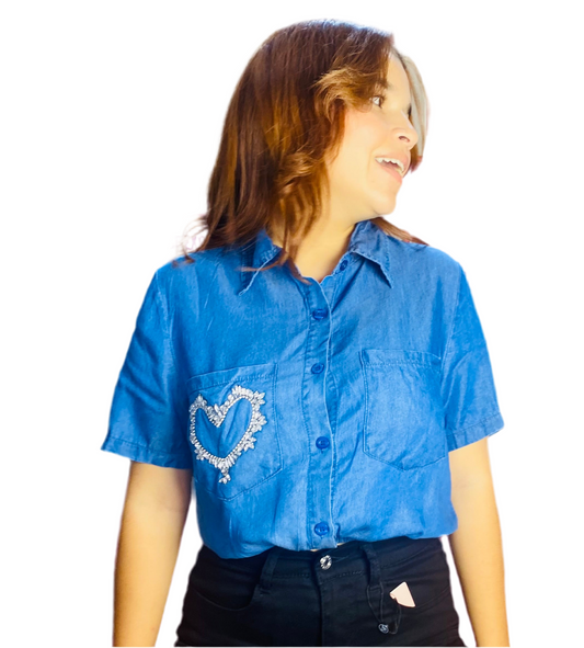 Camisa Blusa Dama azul jeans Oscuro con corazón en bolsa CTD1188-29 590490