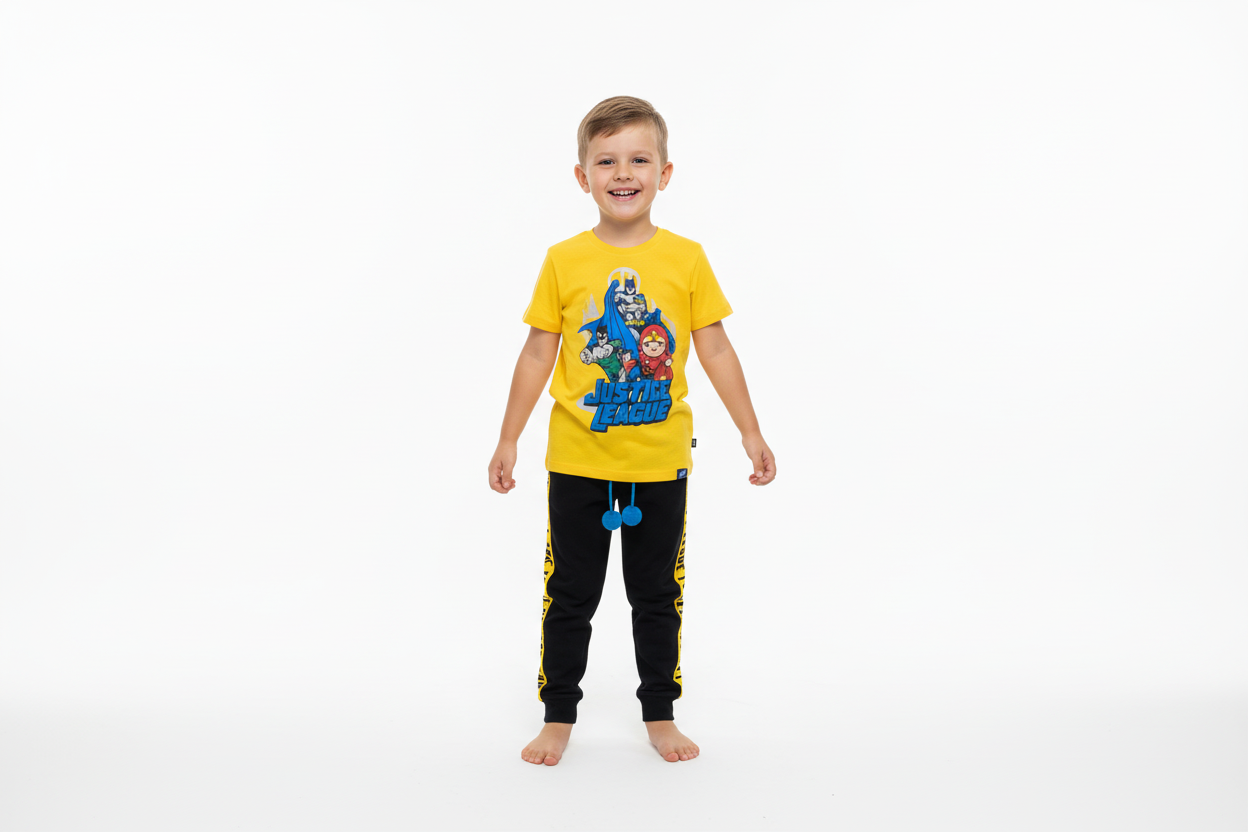 Set conjunto 2 piezas liga de la justicia buzo negro y camisa amarilla niño c9-JL-1016N