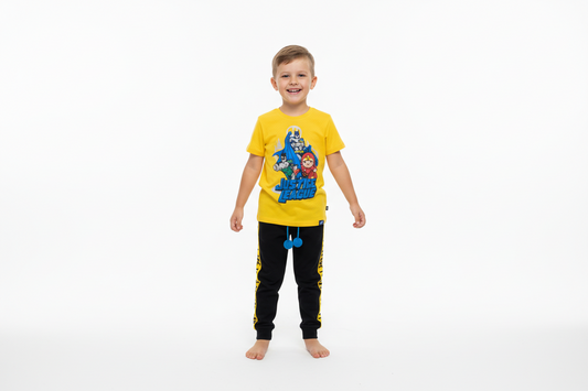 Set conjunto 2 piezas liga de la justicia buzo negro y camisa amarilla niño c9-JL-1016N