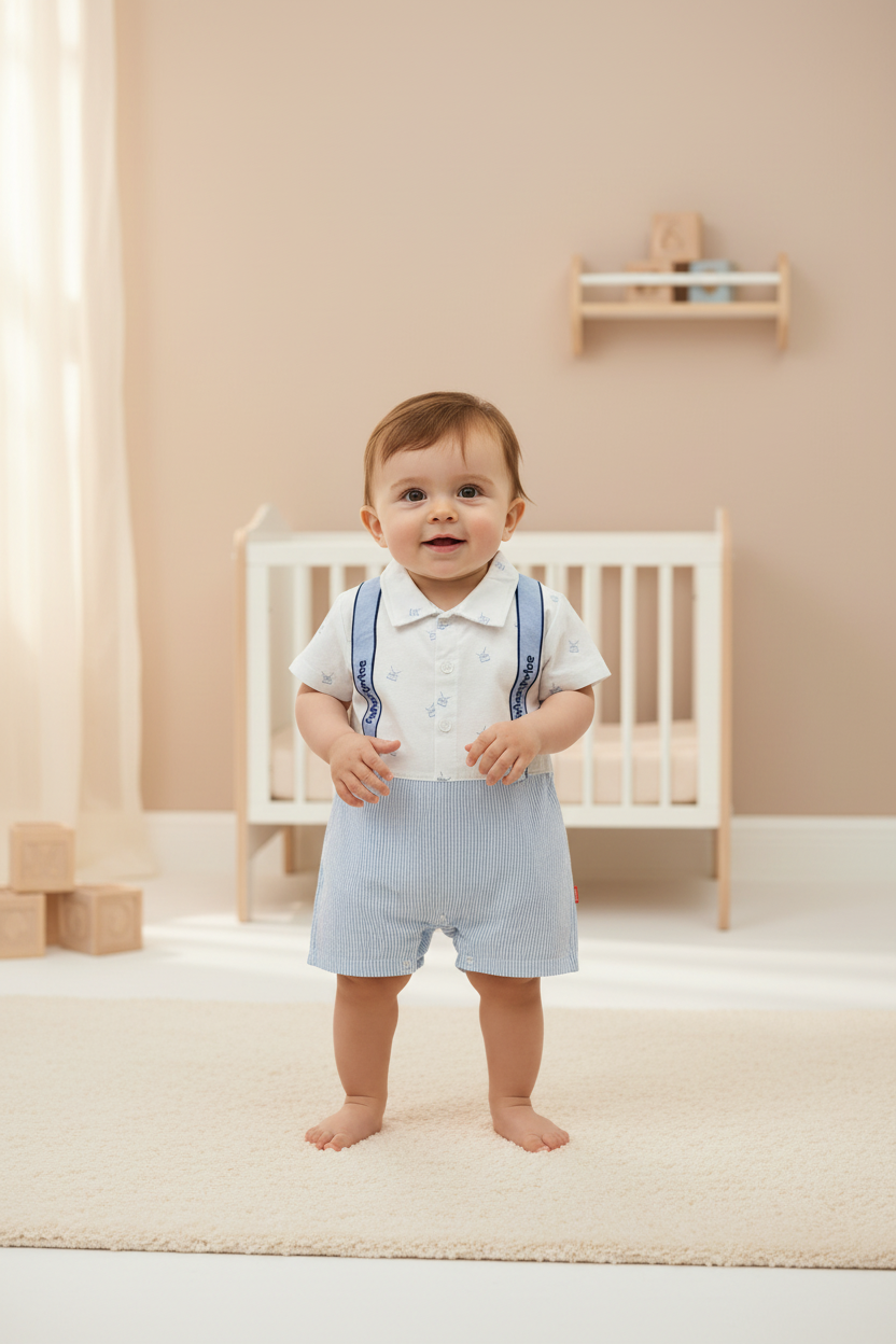 Mameluco overall blanco azul claro bebe niño Fisher Price 123-W29- 3298