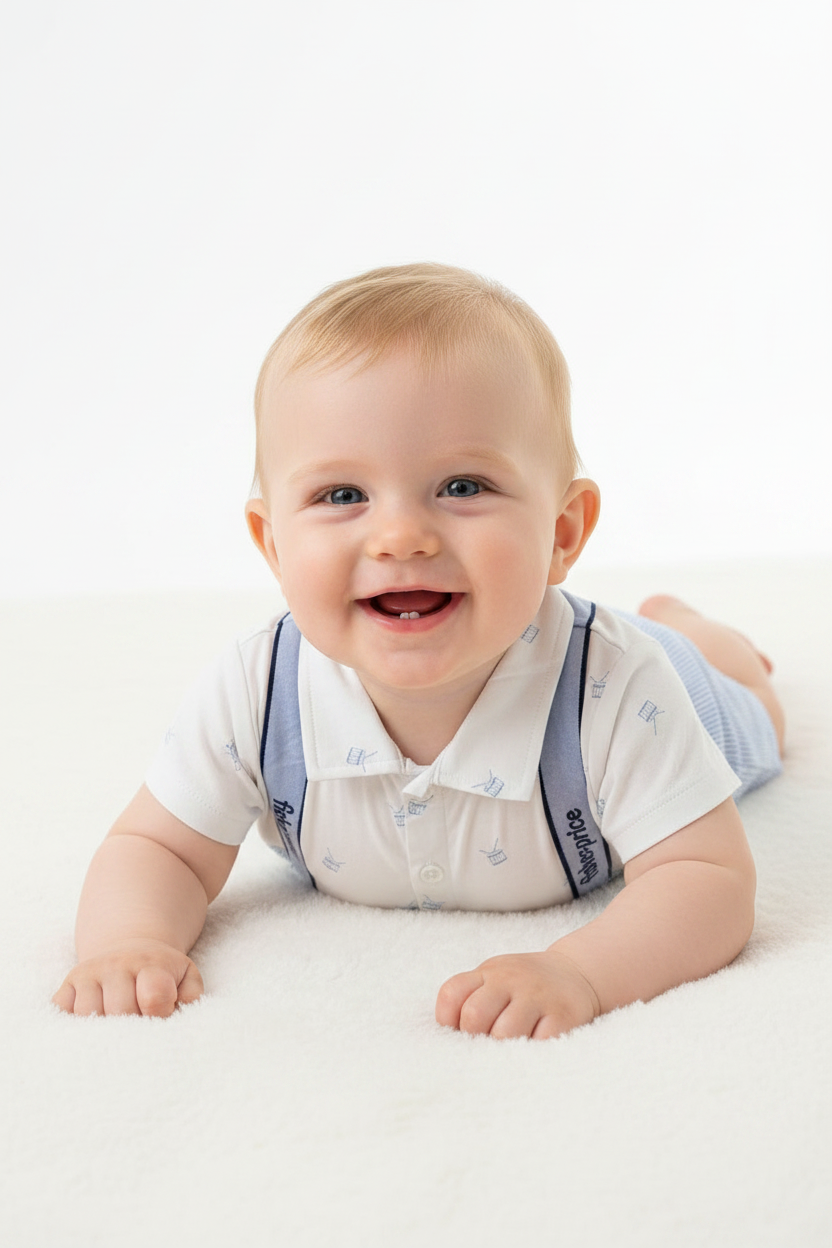 Mameluco overall blanco azul claro bebe niño Fisher Price 123-W29- 3298