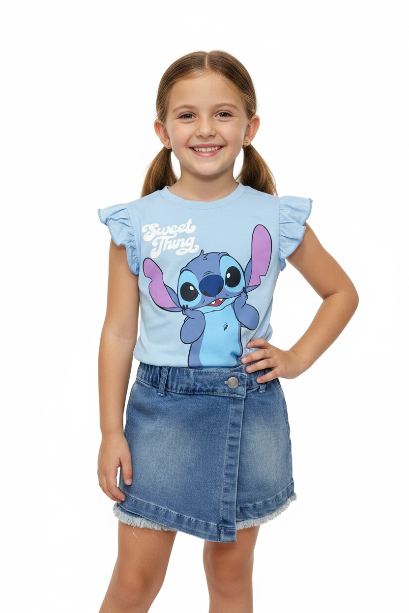 Set conjunto 2 piezas camisa azul, falda short Jean niña Stitch D9-STI-129D 690/490