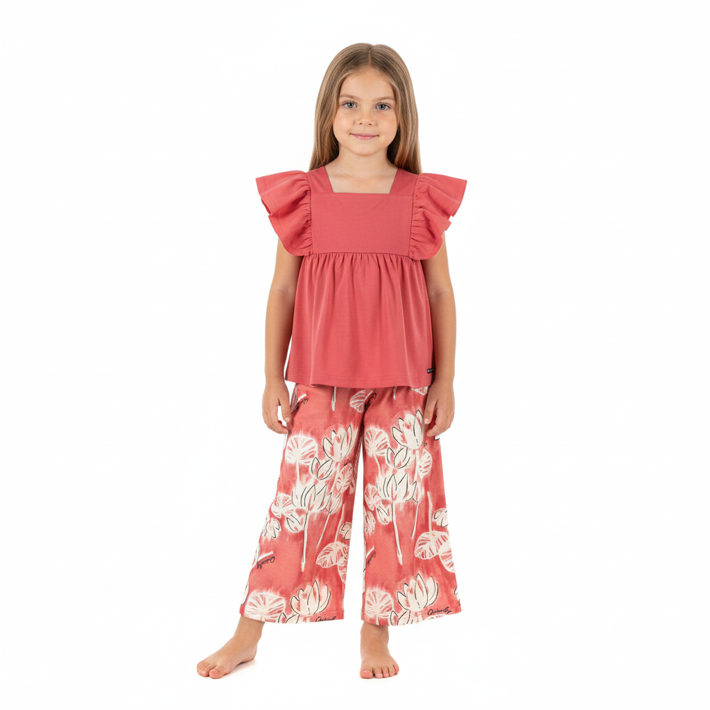 Set 2 piezas hawaiano niña quimby pantaloneta camisa roja 34188-181651 revuelos flores