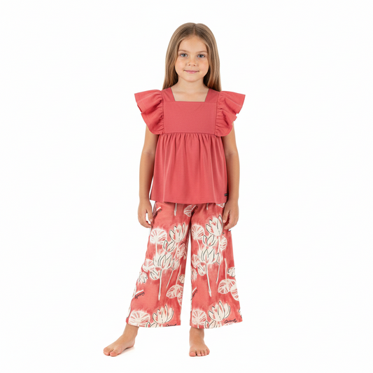 Set 2 piezas niña quimby pantaloneta camisa roja 34188-181651 revuelos flores