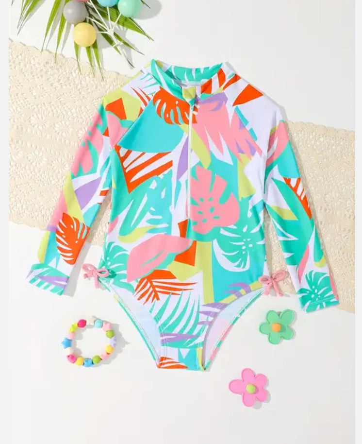 Traje de baño hojas colores una pieza niña