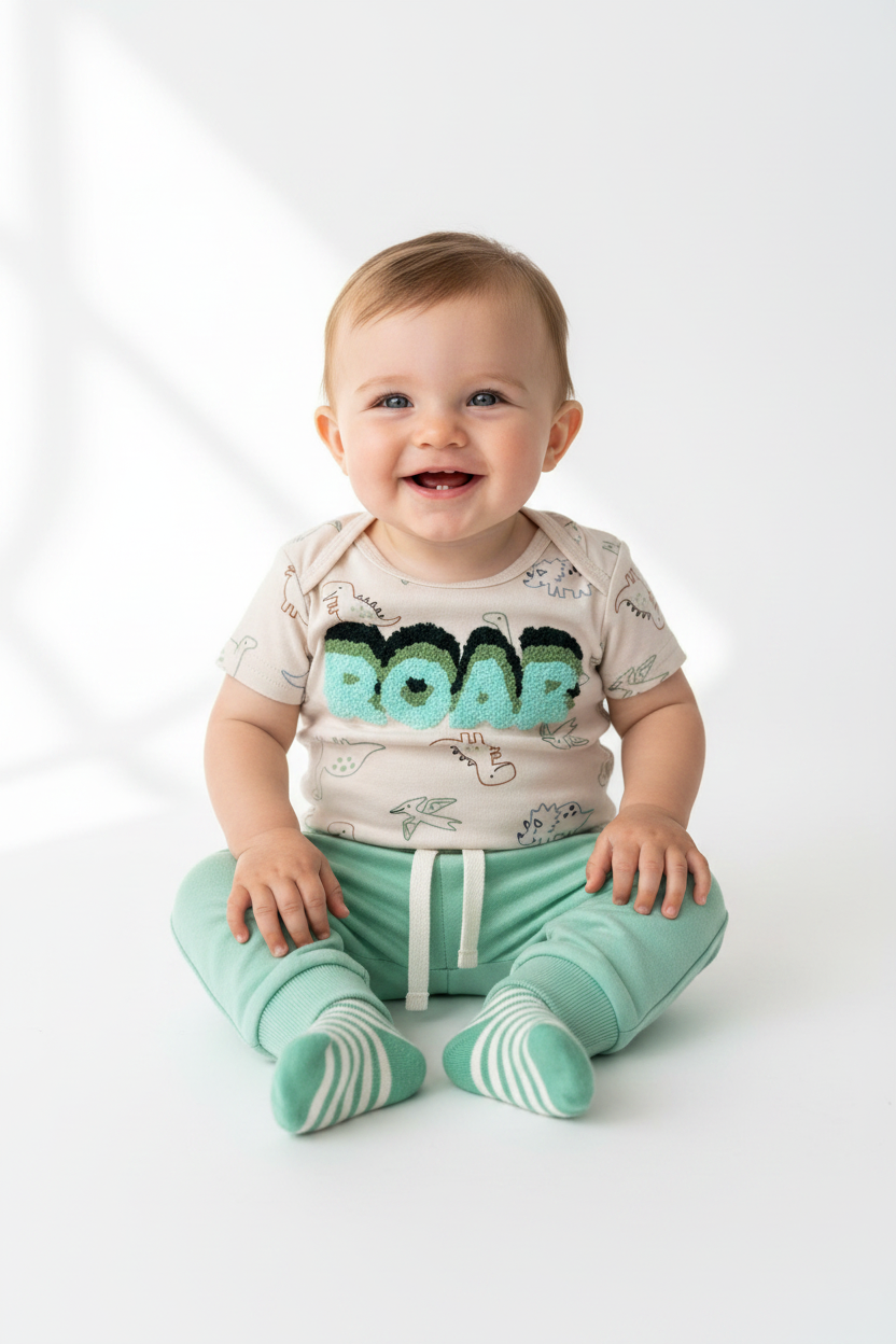 Set 3 piezas mameluco dinosaurio beige pantalon verde calcetines bebe niño Tinytots B148J102GB