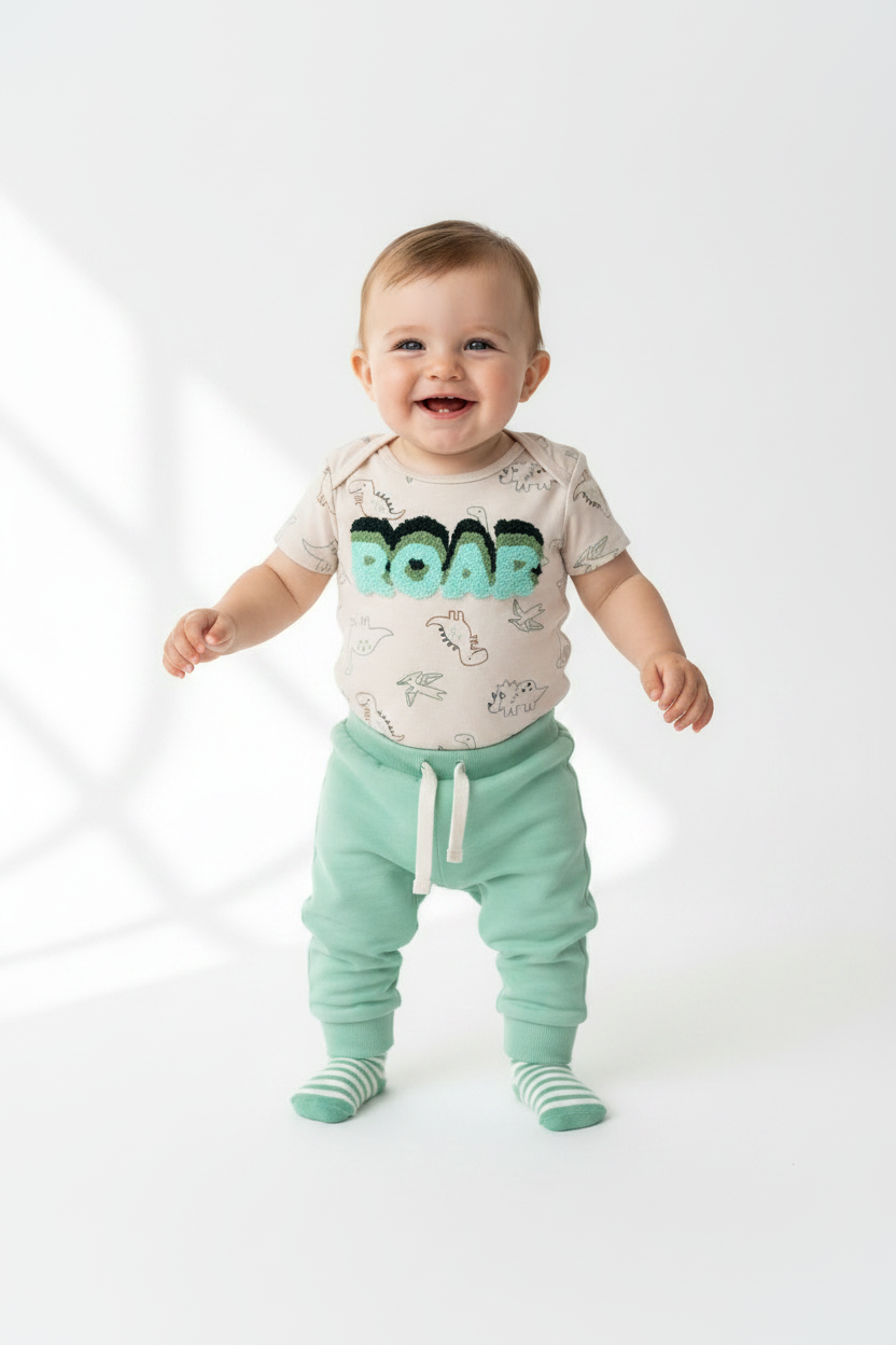 Set 3 piezas mameluco dinosaurio beige pantalon verde calcetines bebe niño Tinytots B148J102GB