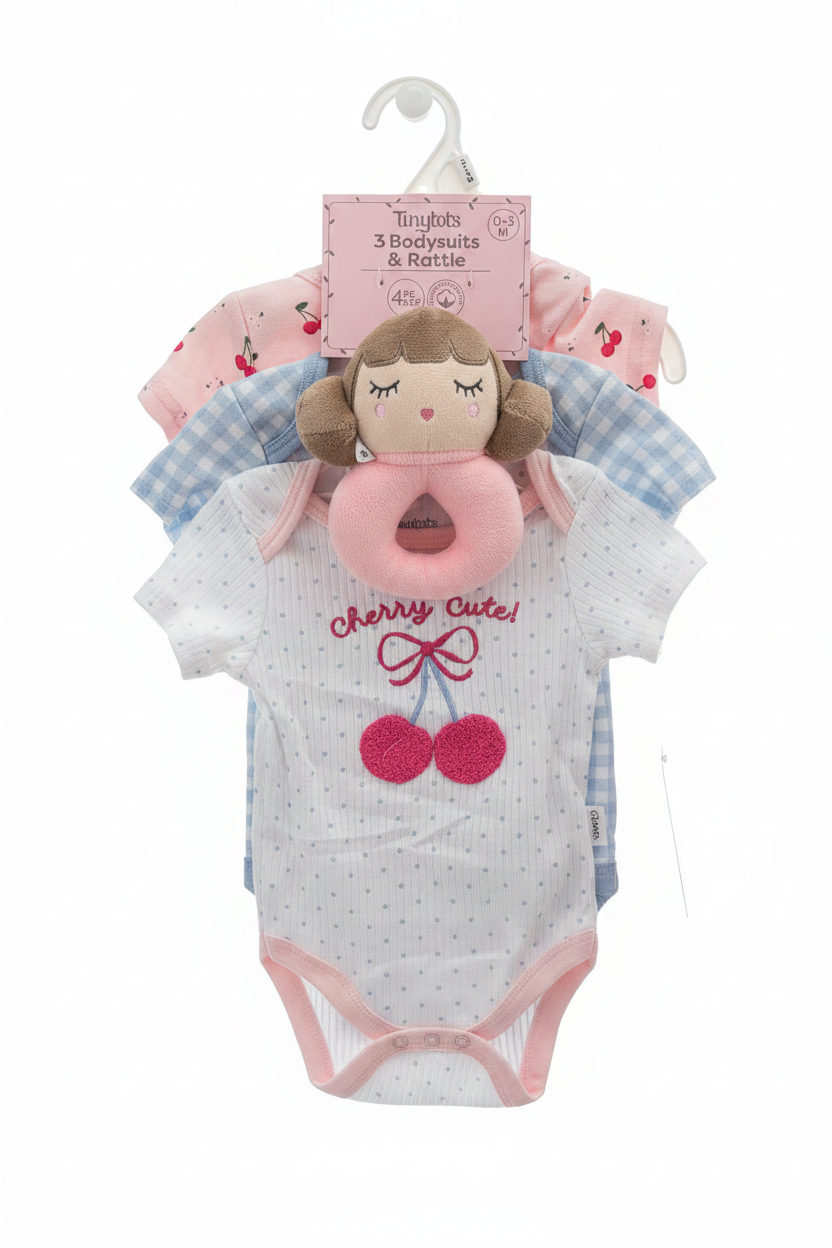 Set 3 piezas mamelucos cerezas blanco azul peluche apego bebe niña DA333-PK