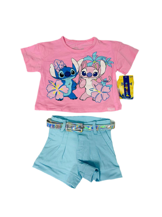 Set conjunto camisa rosada short azul celeste niña Stitch D9-STI-166B
