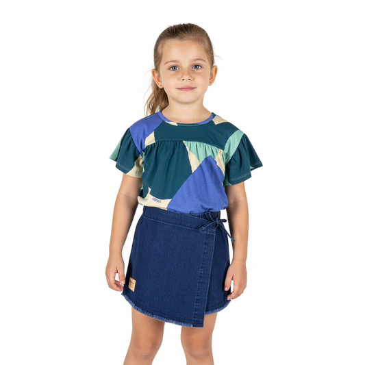 Set 2 piezas niña quimby falda short camisa azul verde 34167-AB2153