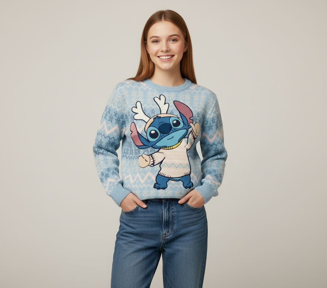 Sueter navidad navideño azul celeste dama mujer Stitch B1-STI-169C 690490