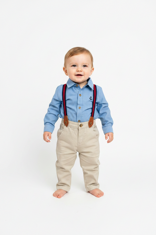 Set 3 piezas con tirantes pantalon y camisa azul claro bebe niño
