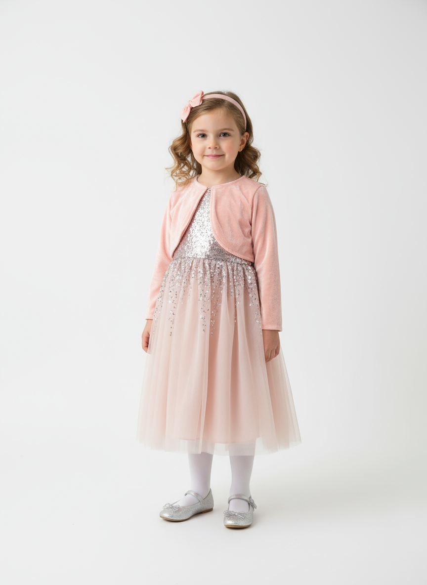 Vestido gala eventos rosado claro chaleco lentejuela