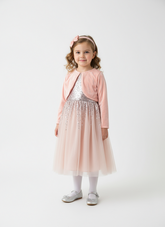 Vestido gala eventos rosado claro chaleco lentejuela