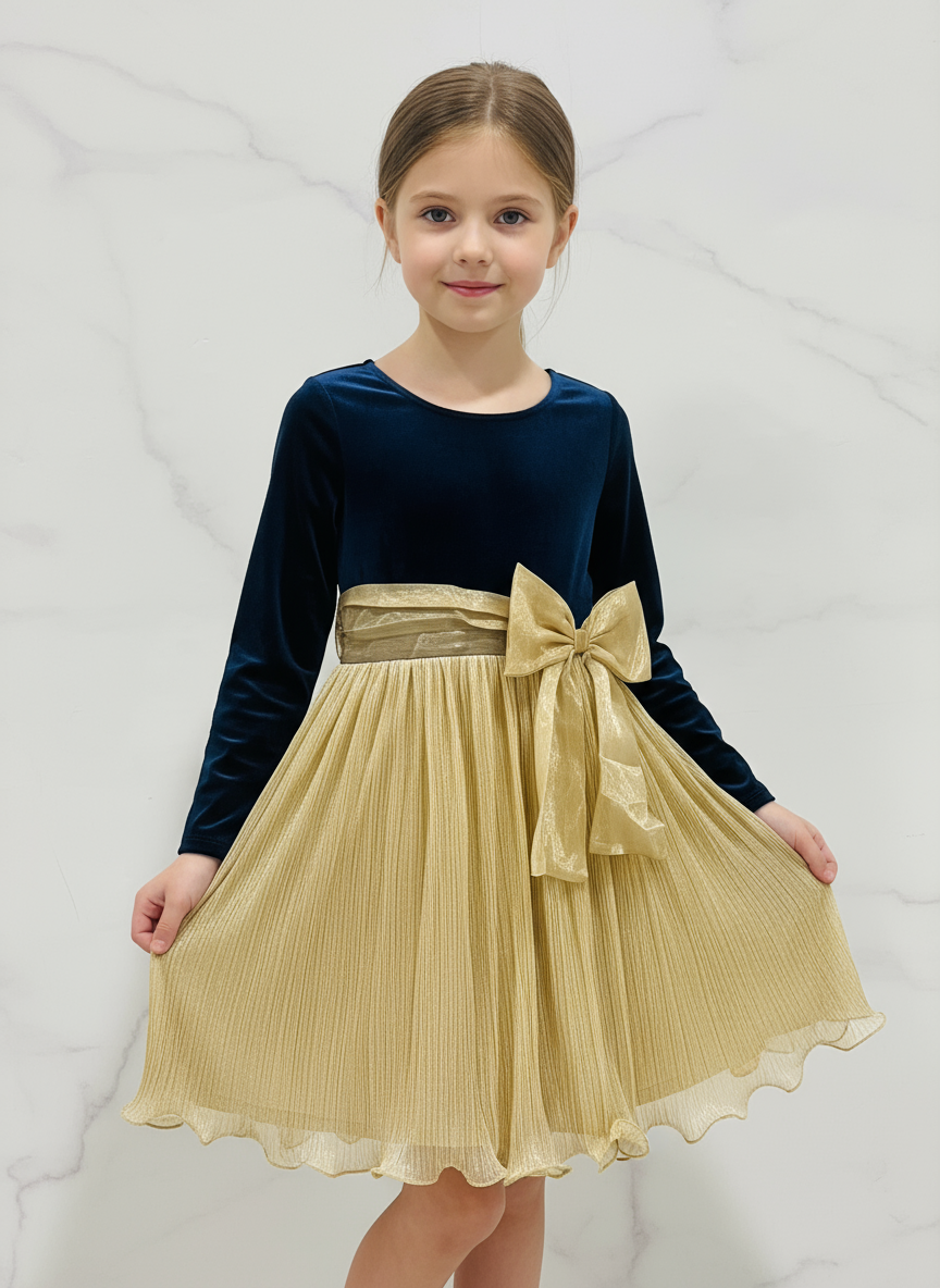 Vestido gala eventos azul oscuro y dorado