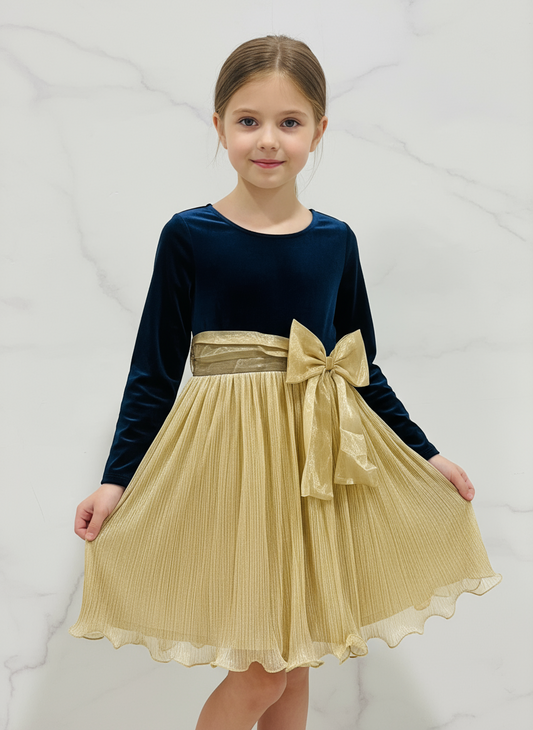 Vestido gala eventos azul oscuro y dorado