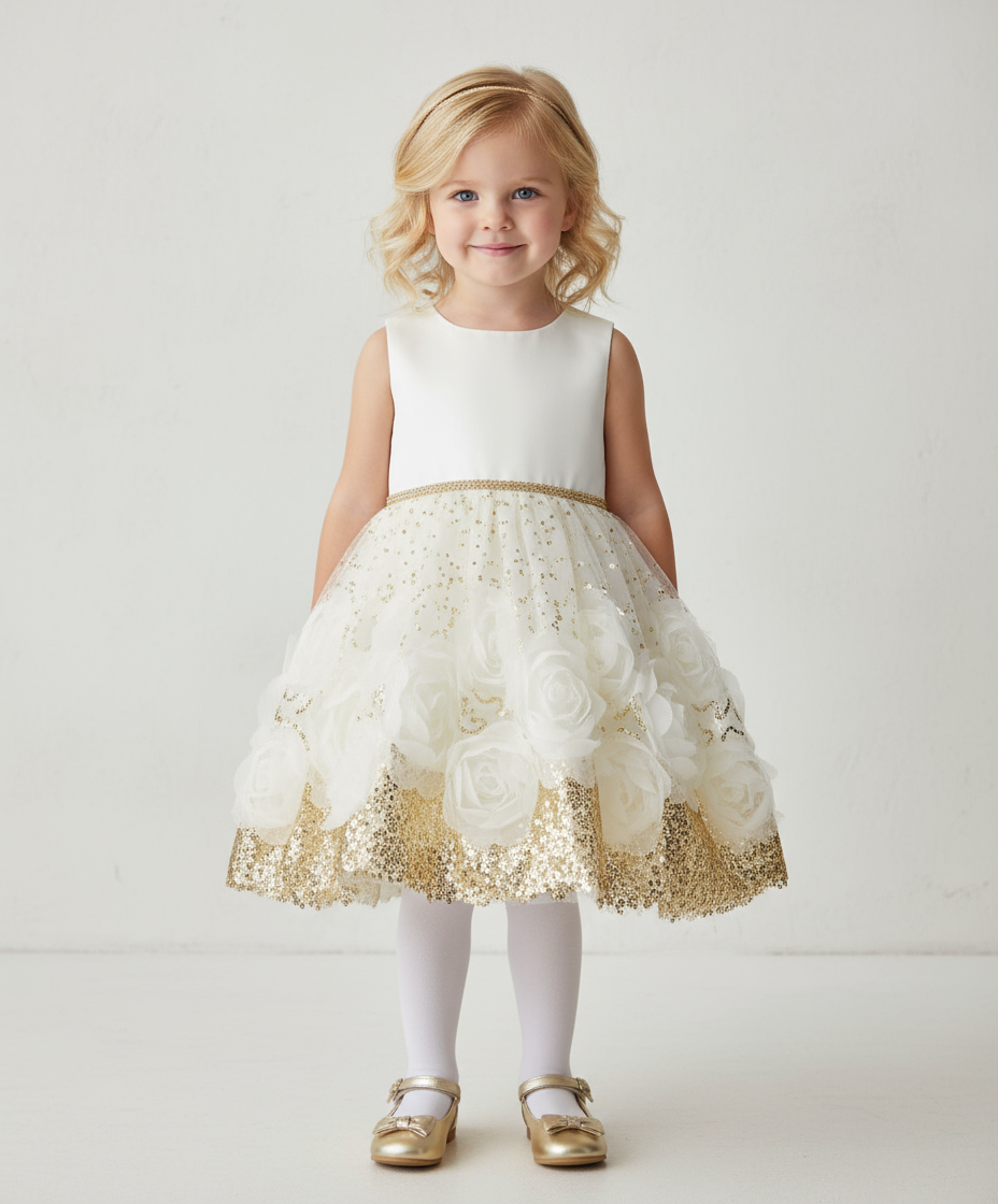 Vestido gala eventos blanco dorado niña