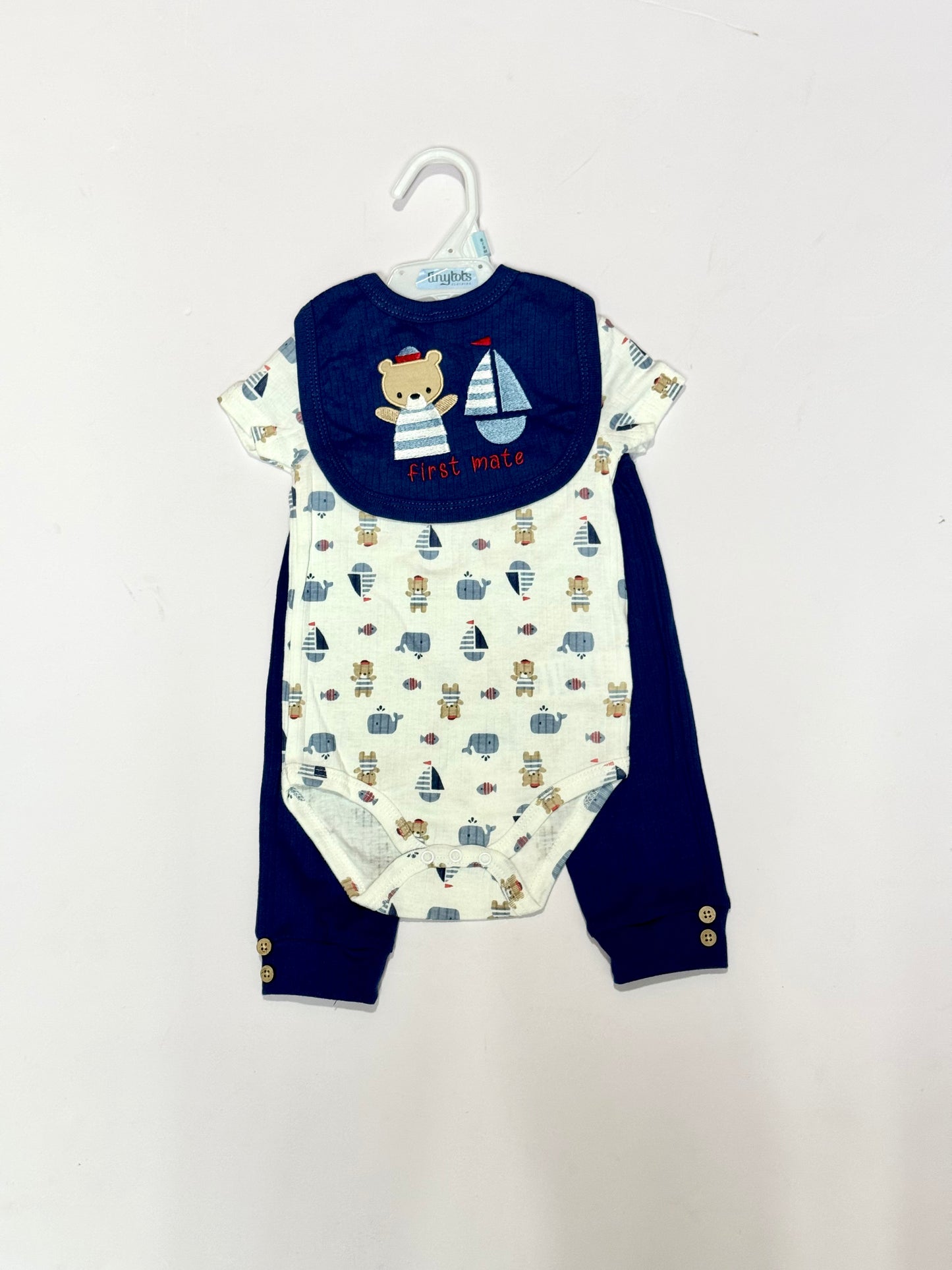 Set 3 piezas mameluco pijama babero azul oscuro dinosaurio bebe niño Tinytots D95609TT