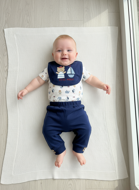 Set 3 piezas mameluco pijama babero azul oscuro dinosaurio bebe niño Tinytots D95609TT