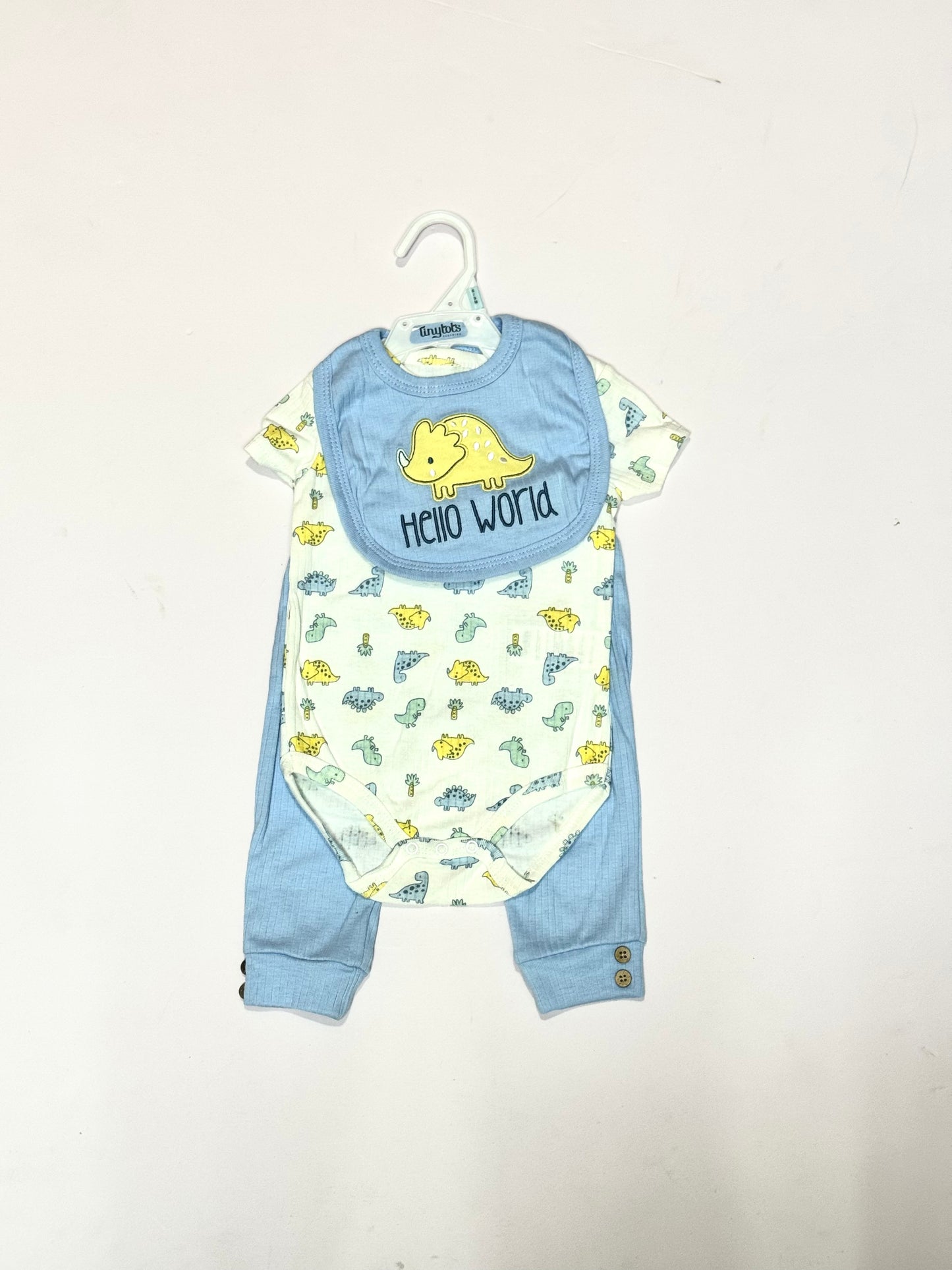 Set 3 piezas mameluco pijama babero azul cielo dinosaurio bebe niño Tinytots D95609TT