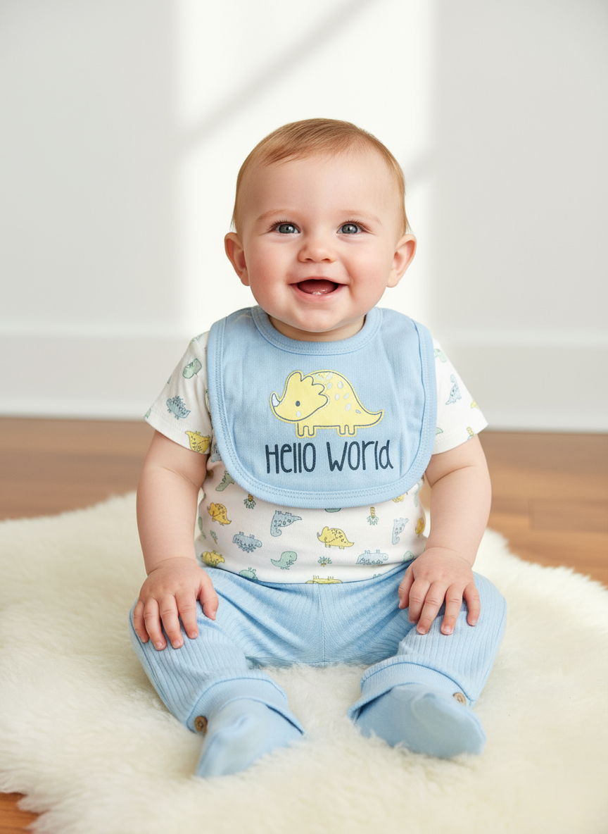 Set 3 piezas mameluco pijama babero azul cielo dinosaurio bebe niño Tinytots D95609TT