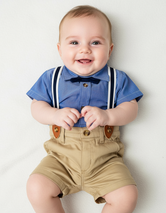 Set 3 piezas con tirantes short y camisa azul oscuro niño