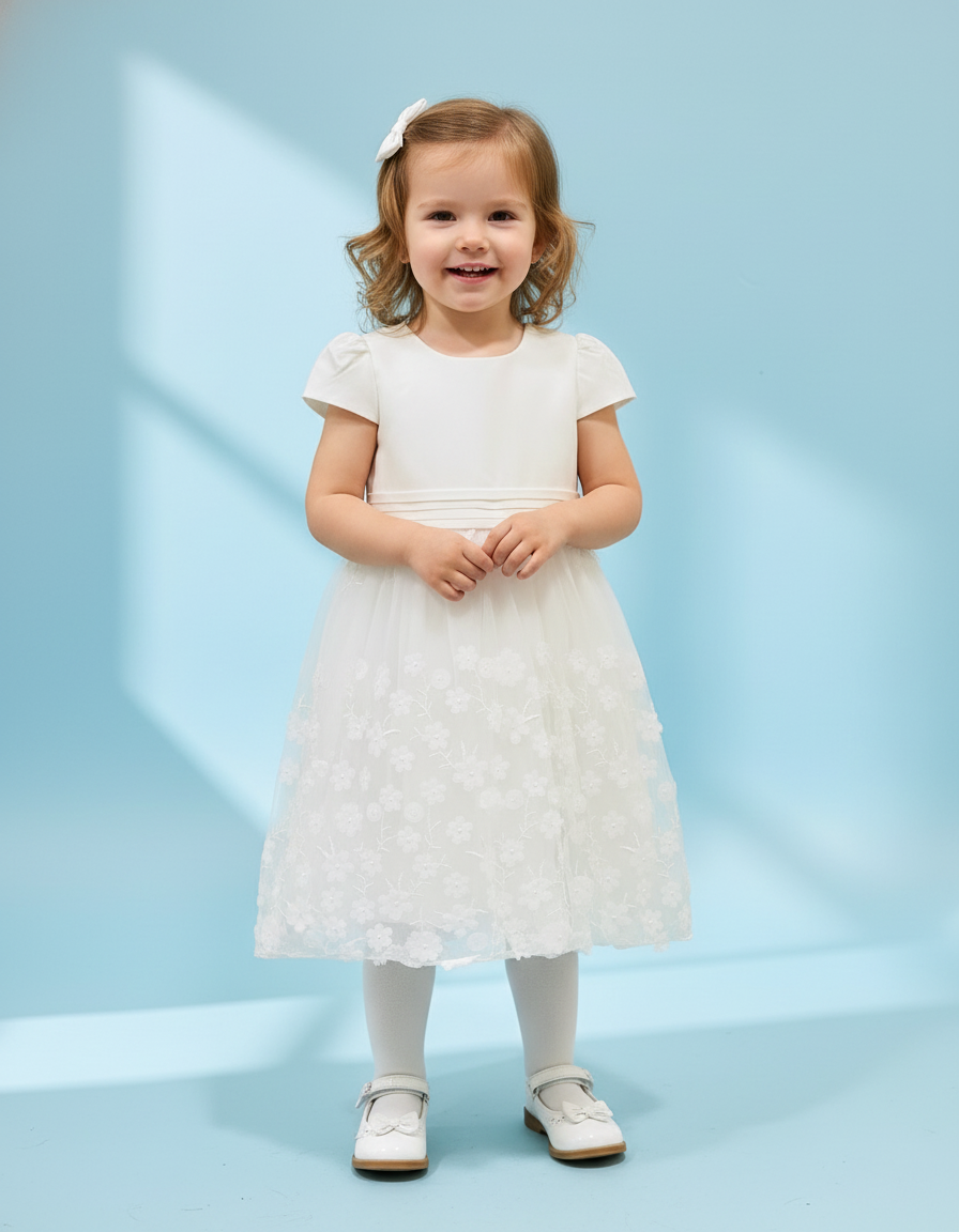 Vestido blanco gala bautizo flores blancas