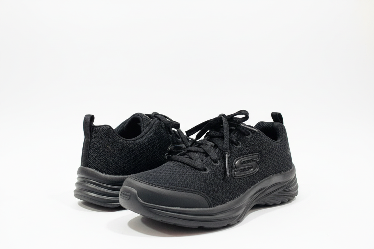 Tenis Negros Niño Niña Skechers fondo azul zapatos negros