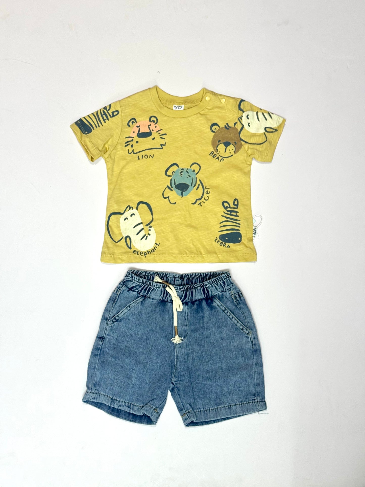 Set conjunto 2 piezas camisa amarilla animales short azul bebe niño Tinytots 3357