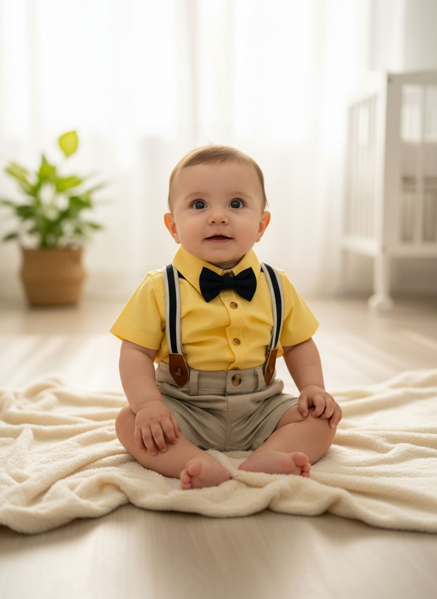 Set 3 piezas con tirantes short y camisa amarilla niño