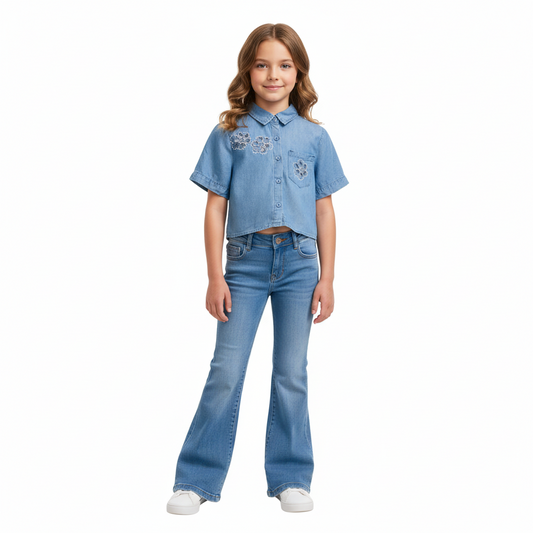 Camisa niña Jeans azul oscuro flores CTG1188-27 590390 promo 2x1000