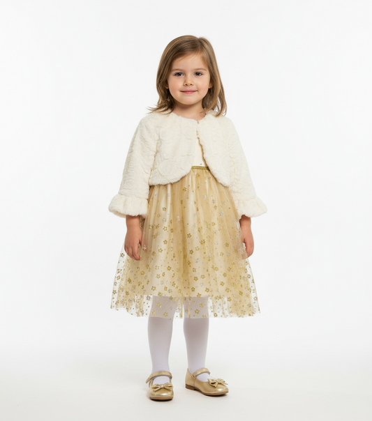 Vestido gala beige y dorado bluberri con chaleco sueter